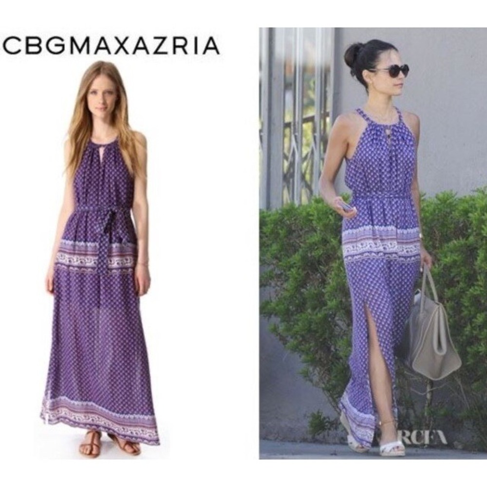 BCBGMAXAZRIA Mia Maxi Dress Purple Geometric Halter Belted Slit New M